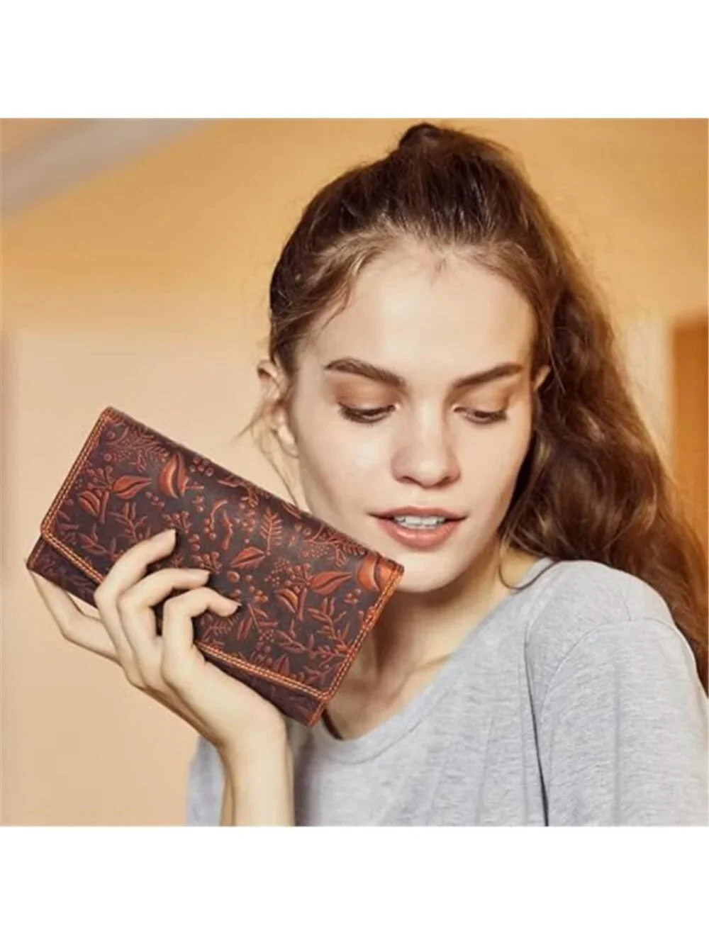 Womens Leather Wallet RFID Blocking Cognac Floral Embossed Bifold Card Organizer